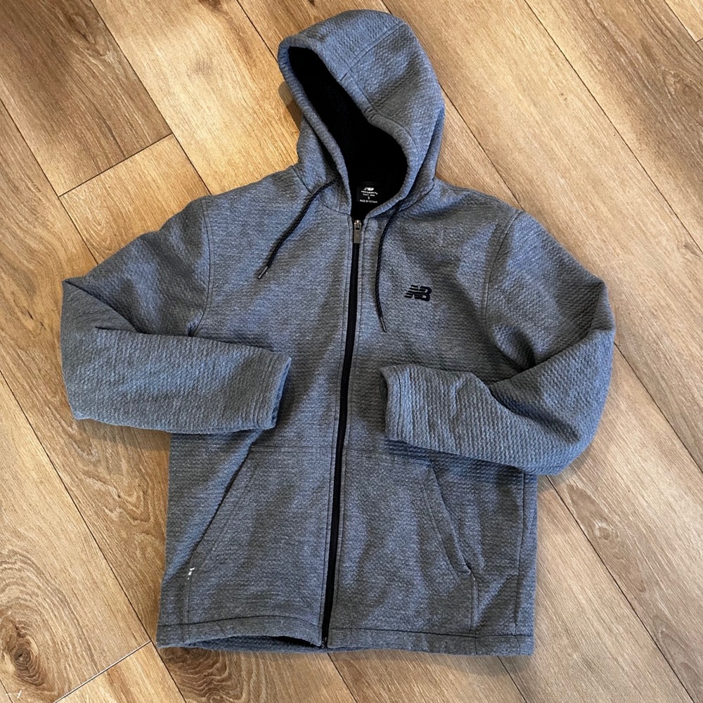 New Balance Mens Sherpa Lined Full Zip Hoodie Grey Waffle Knit Jacket Small